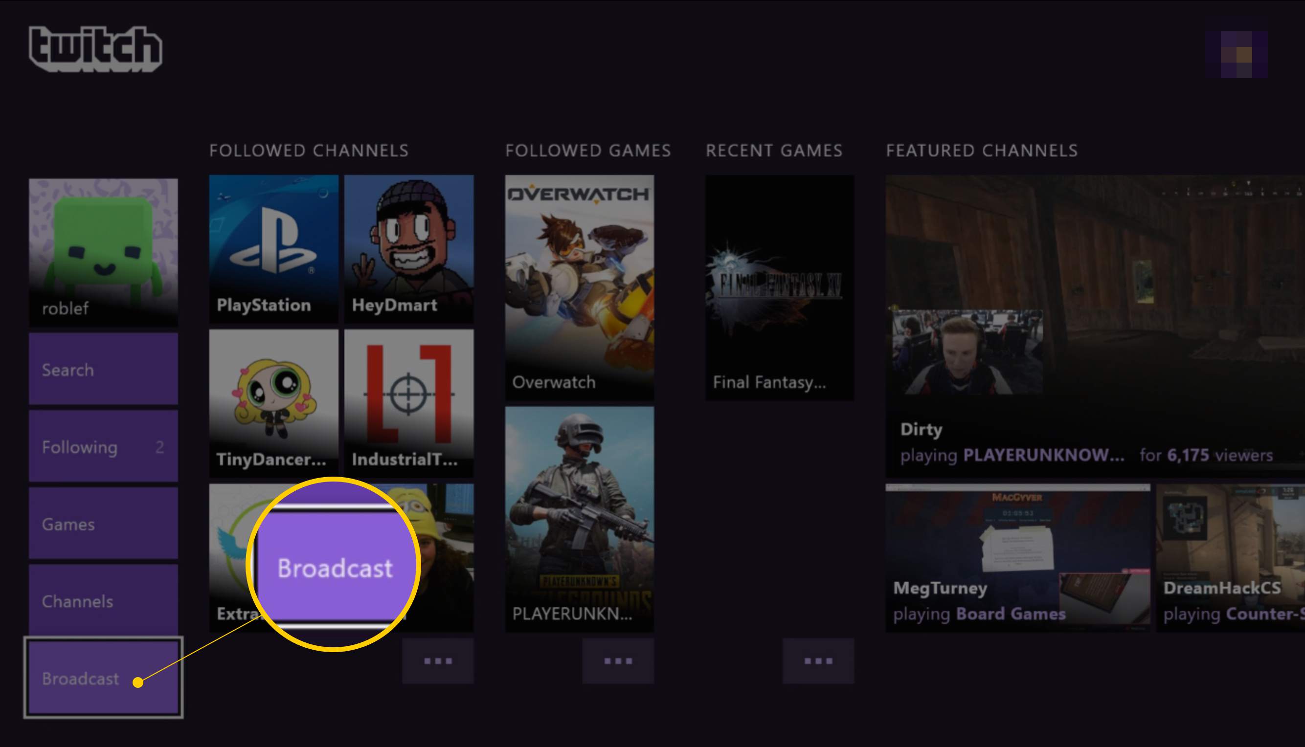 Uitzendknop in Twitch-app op Xbox One