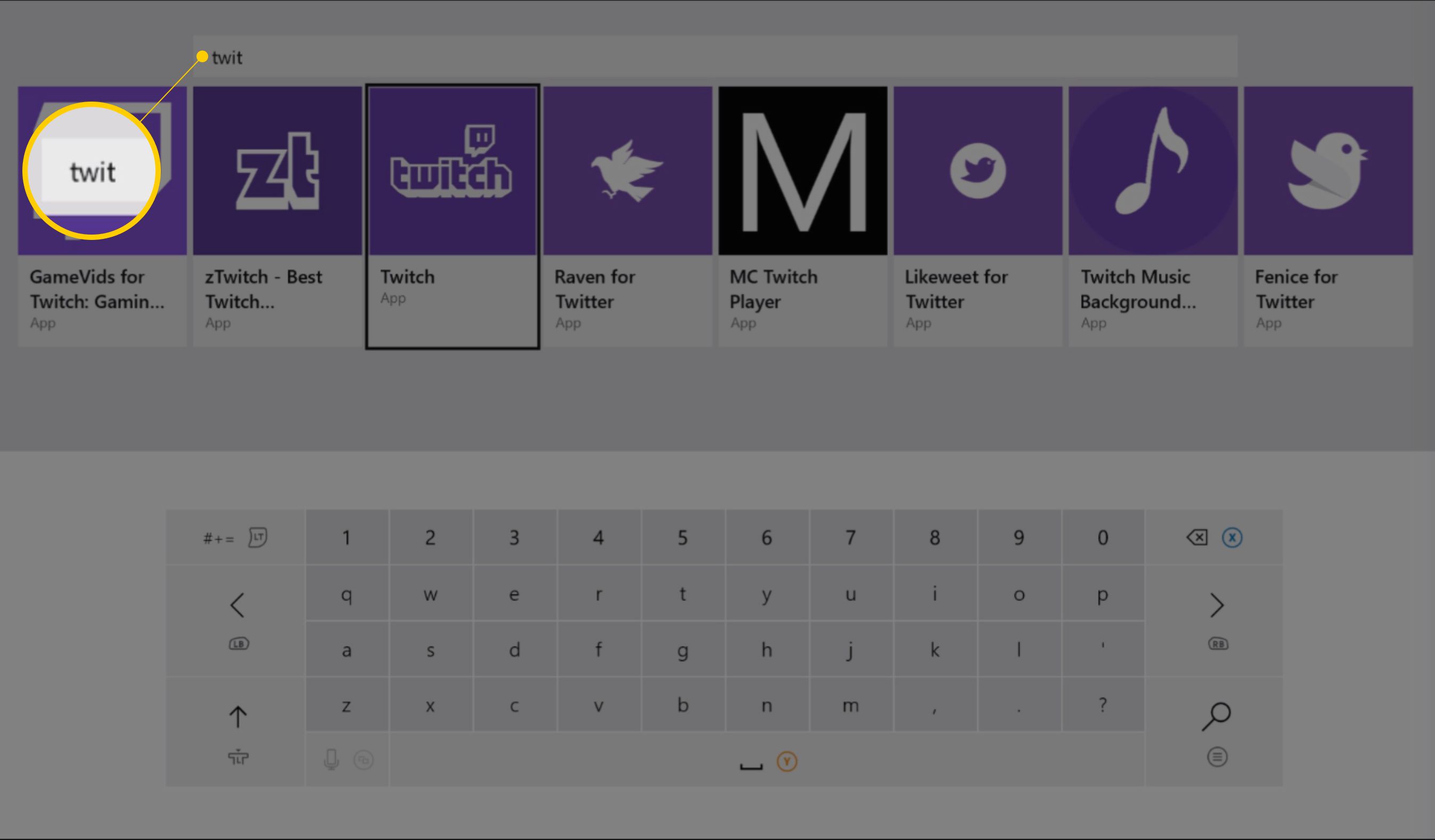 Twitch-app in zoekveld op Xbox One