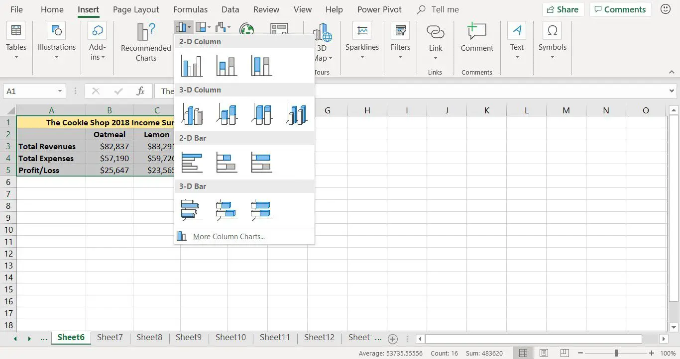 Een screenshot met de verschillende indelingen voor kolomdiagrammen in Excel