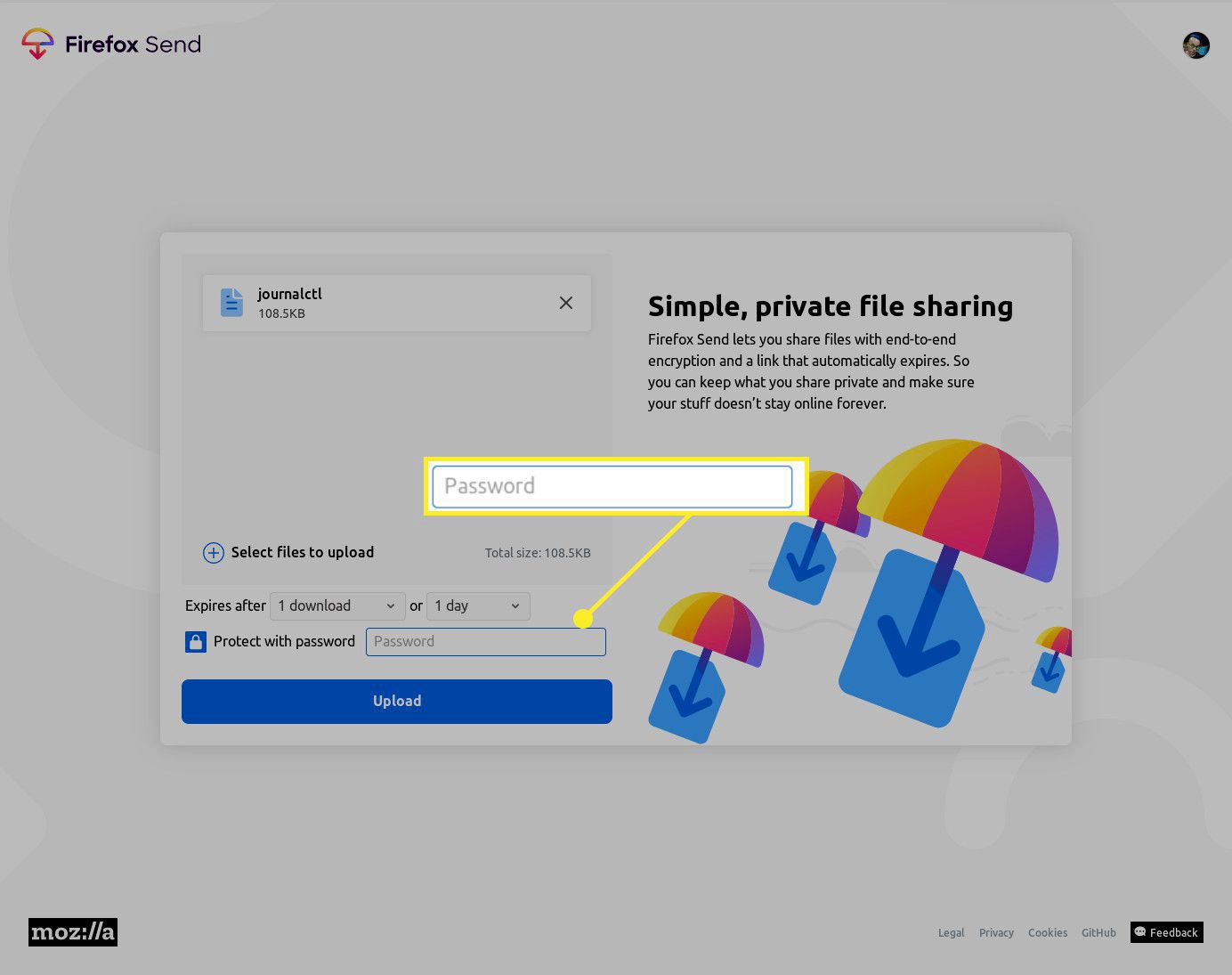 Het wachtwoordveld in Firefox Send
