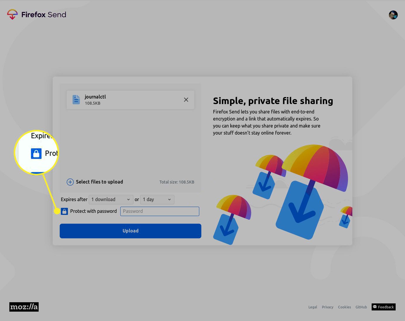 De optie "Beveiligen met wachtwoord" in Firefox Send