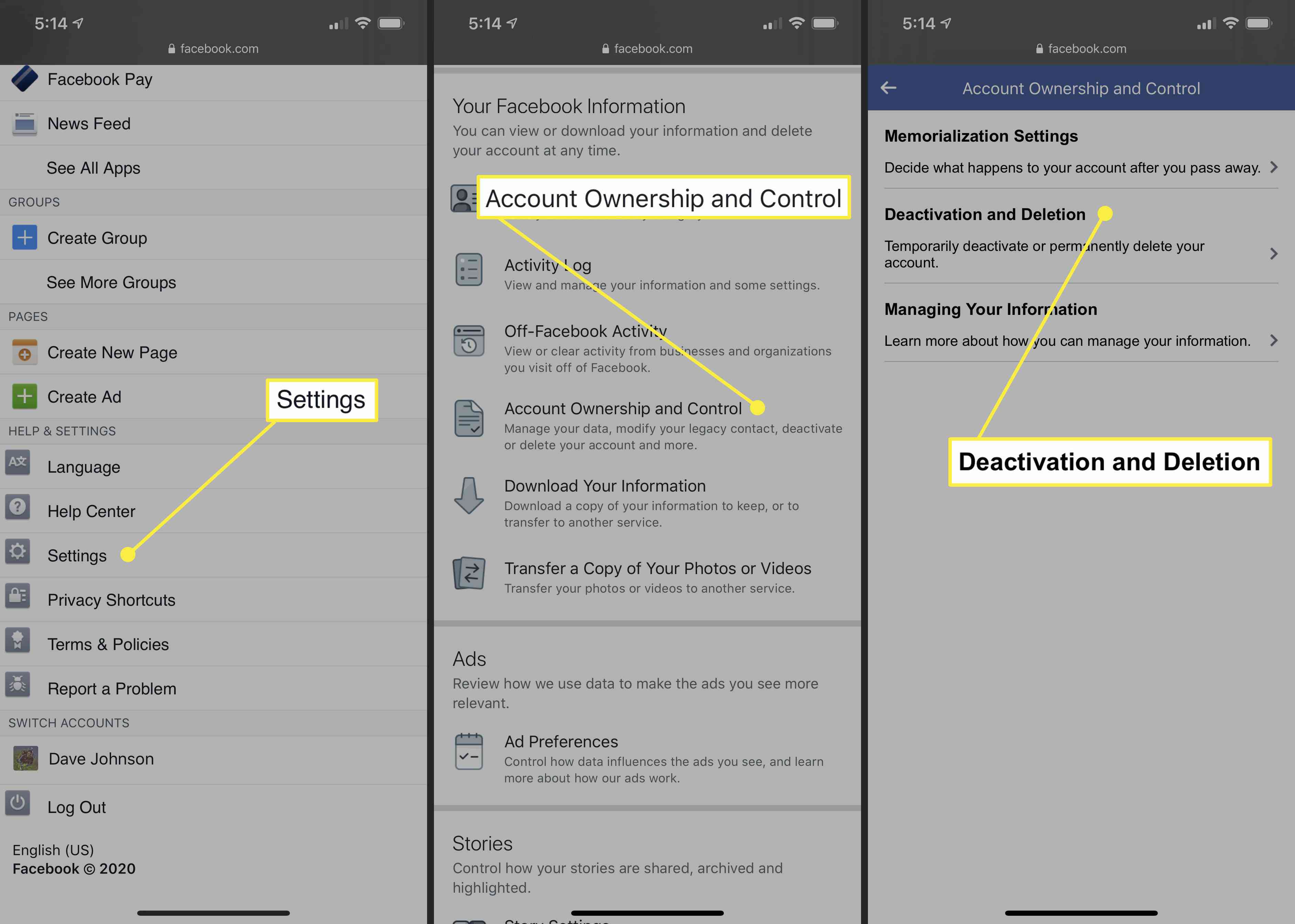 Te nemen stappen om een ​​Facebook-account in de mobiele browser te deactiveren.