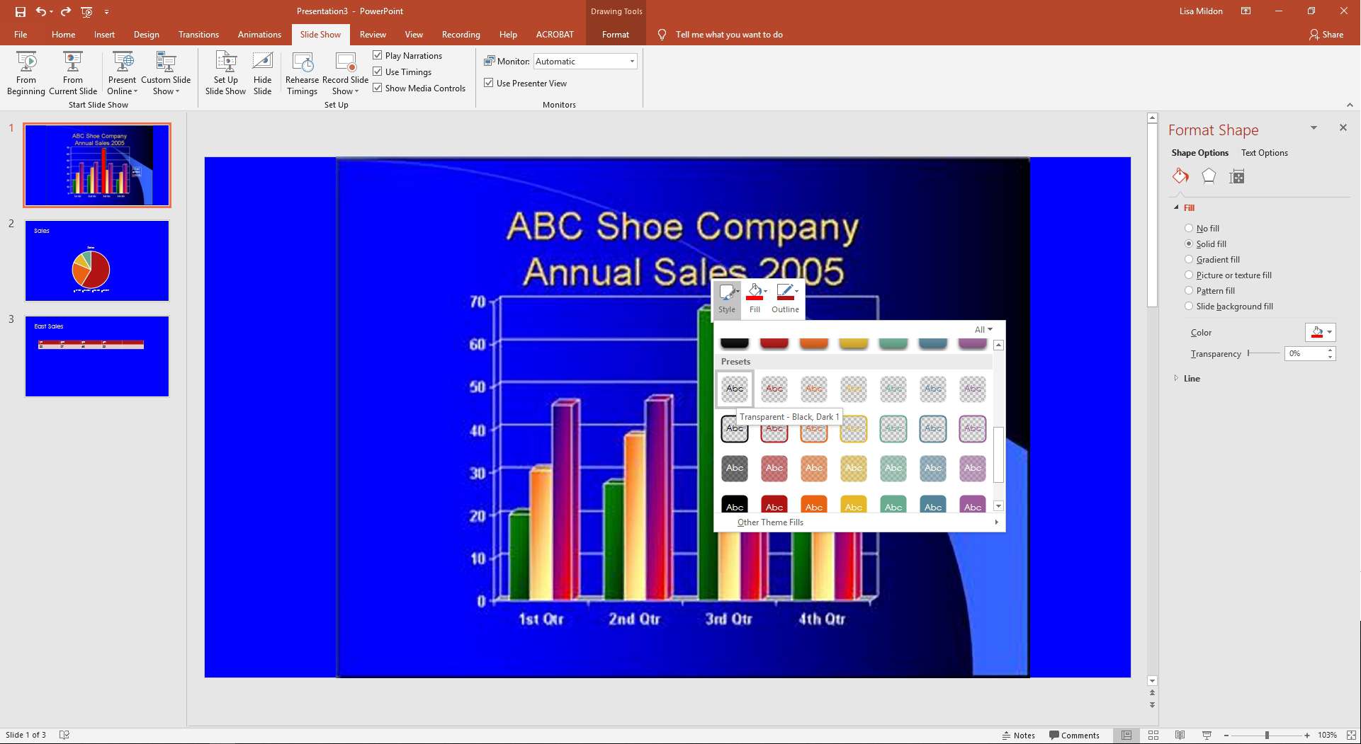 PowerPoint met de voorinstellingen voor stijlen voor vormen.