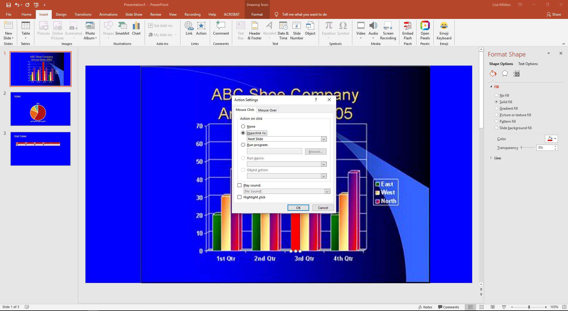 PowerPoint met het dialoogvenster Actie-instellingen.