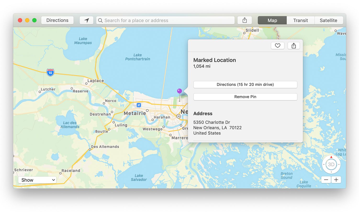 Gemarkeerd locatie-informatiescherm in Mac Maps-app