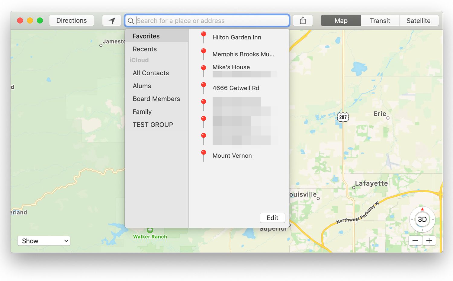 Het vervolgkeuzescherm Favorieten in de Mac Maps-app