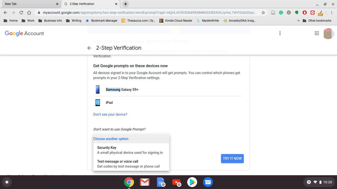 Een apparaat selecteren voor authenticatie in twee stappen in Google Chrome voor Chromebook.