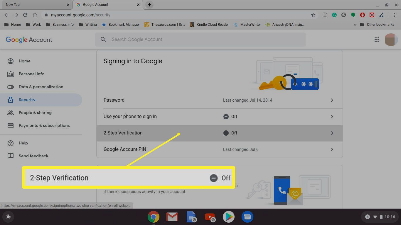 Authenticatie in twee stappen selecteren in Google Chrome voor Chromebook