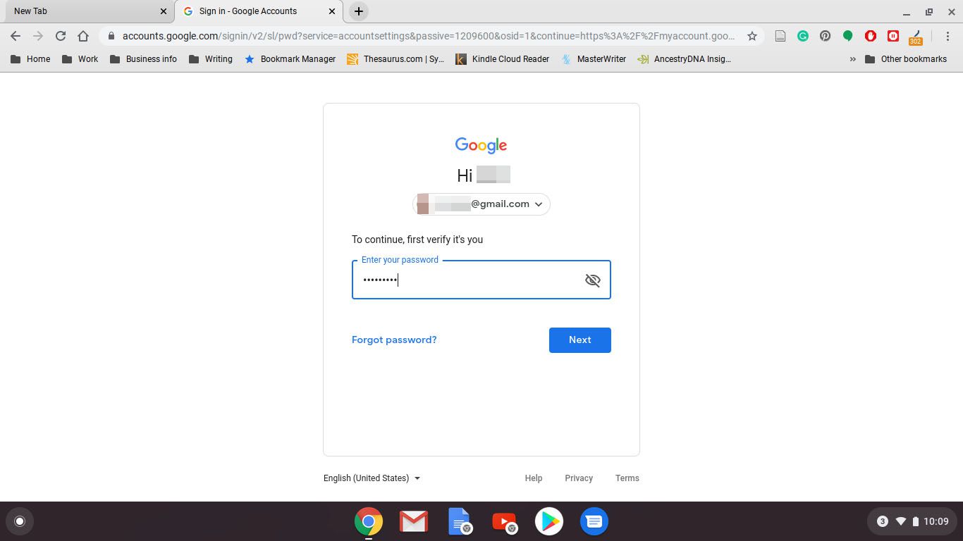 Wachtwoord invoeren om account te verifiëren in Google Chrome voor Chromebook.