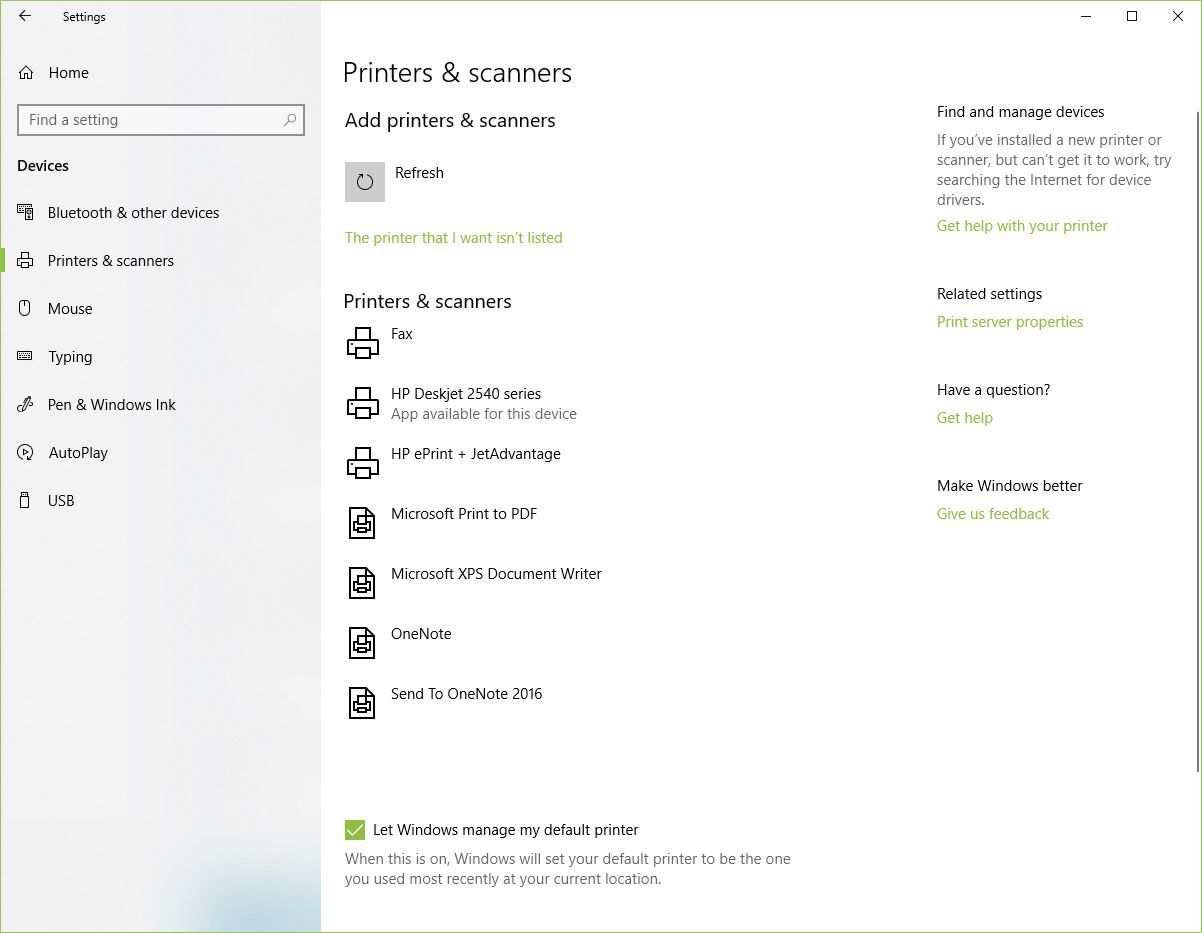 Screenshot van printers en scanners in Windows 10