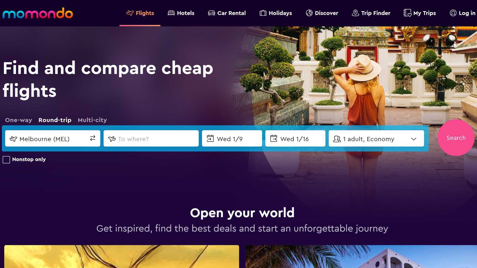 Momondo reiswebsite voor goedkope vluchten.