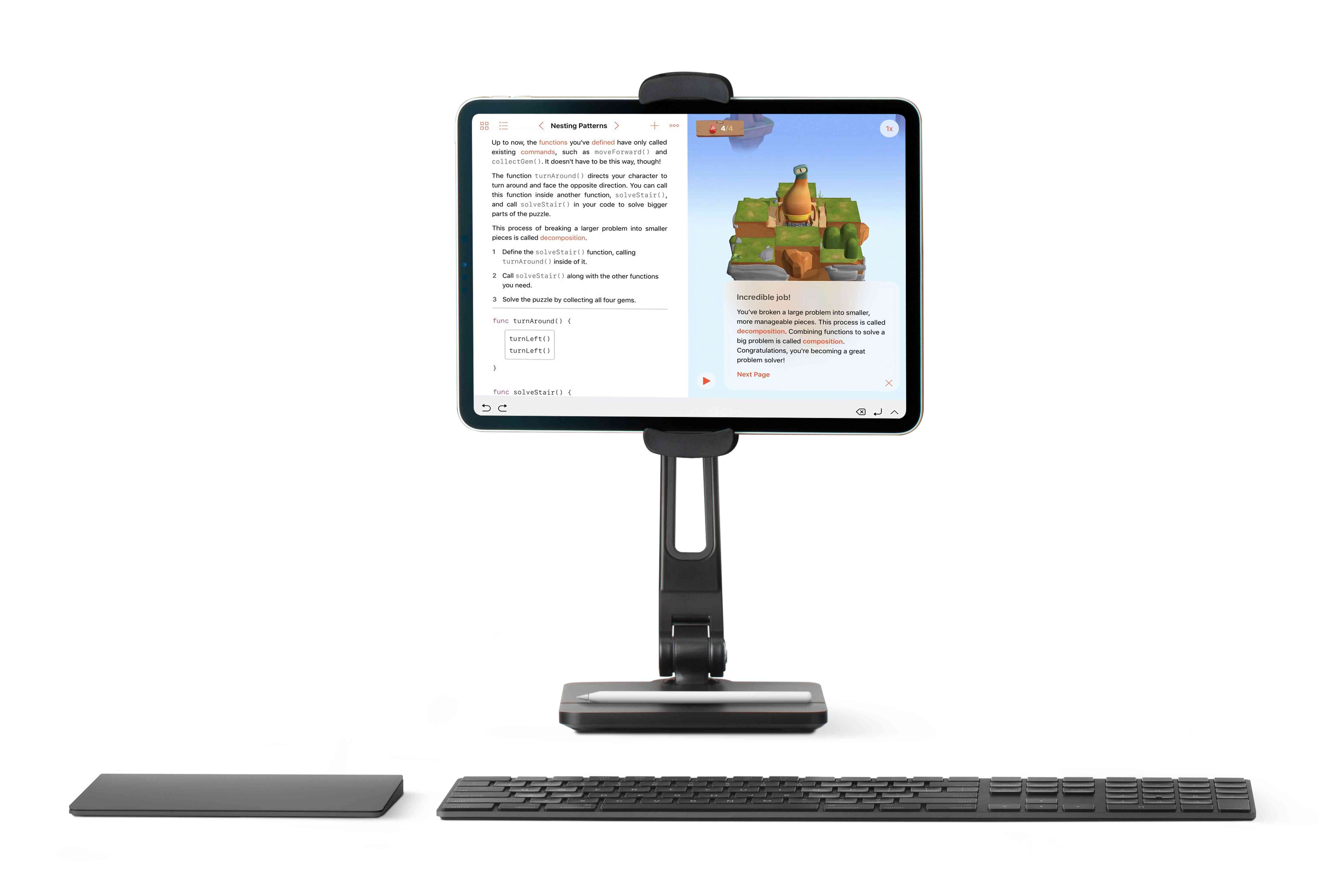 HoverBar Duo tilt een iPad op en is gekoppeld aan een draadloos toetsenbord