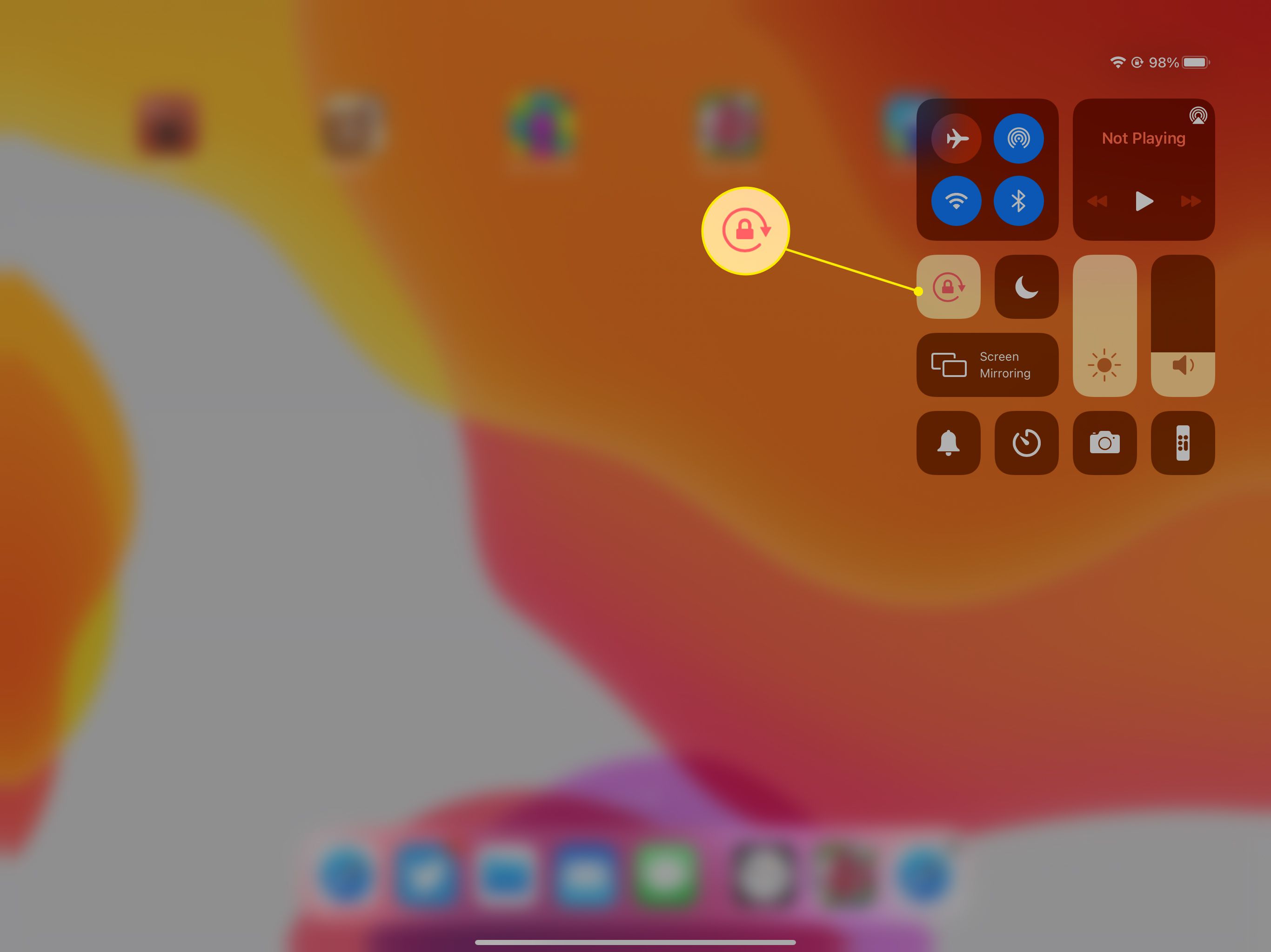 Control Center op iPad met rotatievergrendelingsknop gemarkeerd