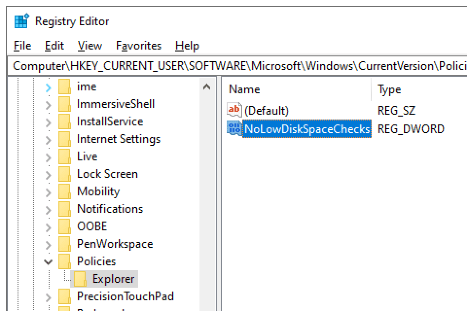 NoLowDiskSpaceChecks registerwaarde in Windows 10