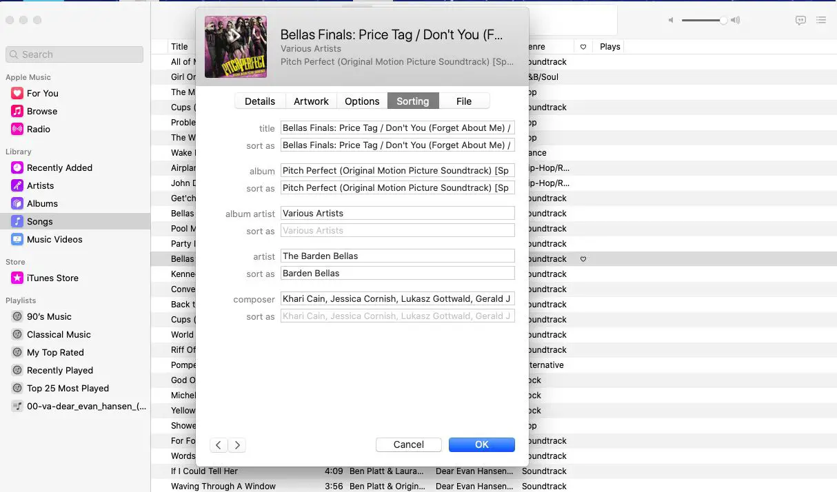Selecteer het tabblad Sorteren om te zien hoe iTunes dit nummer sorteert.