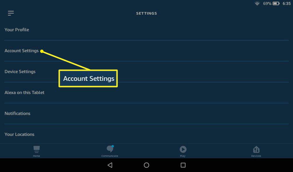 Alexa-app met accountinstellingen gemarkeerd