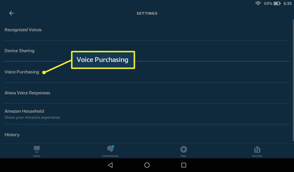 Alexa-accountinstellingen met Voice Purchasing gemarkeerd