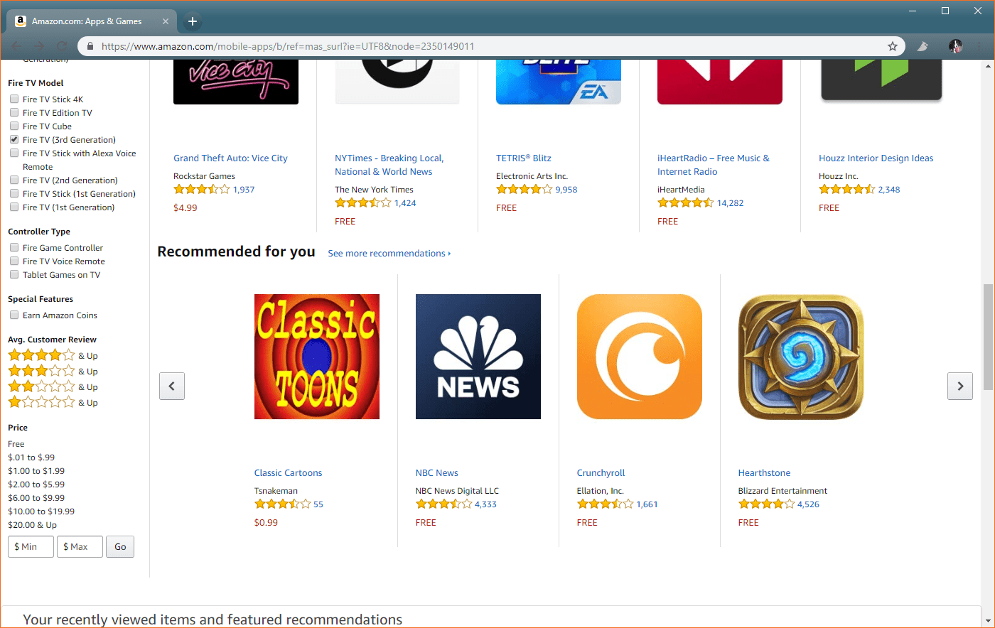 Een screenshot van de Amazon app store met de Fire TV-modeloptie.