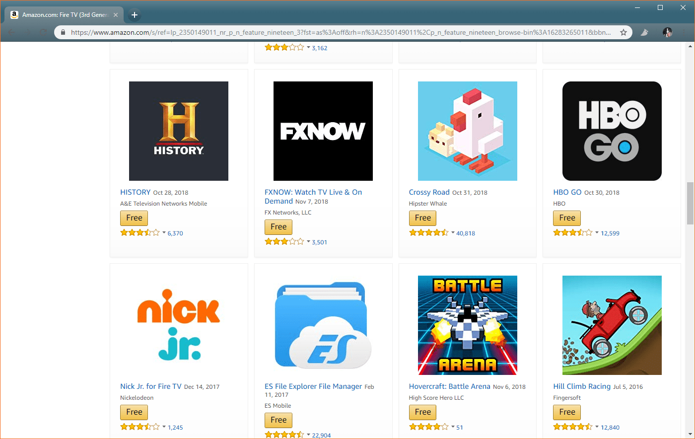 Een screenshot van Fire TV-apps in de Amazon app store.