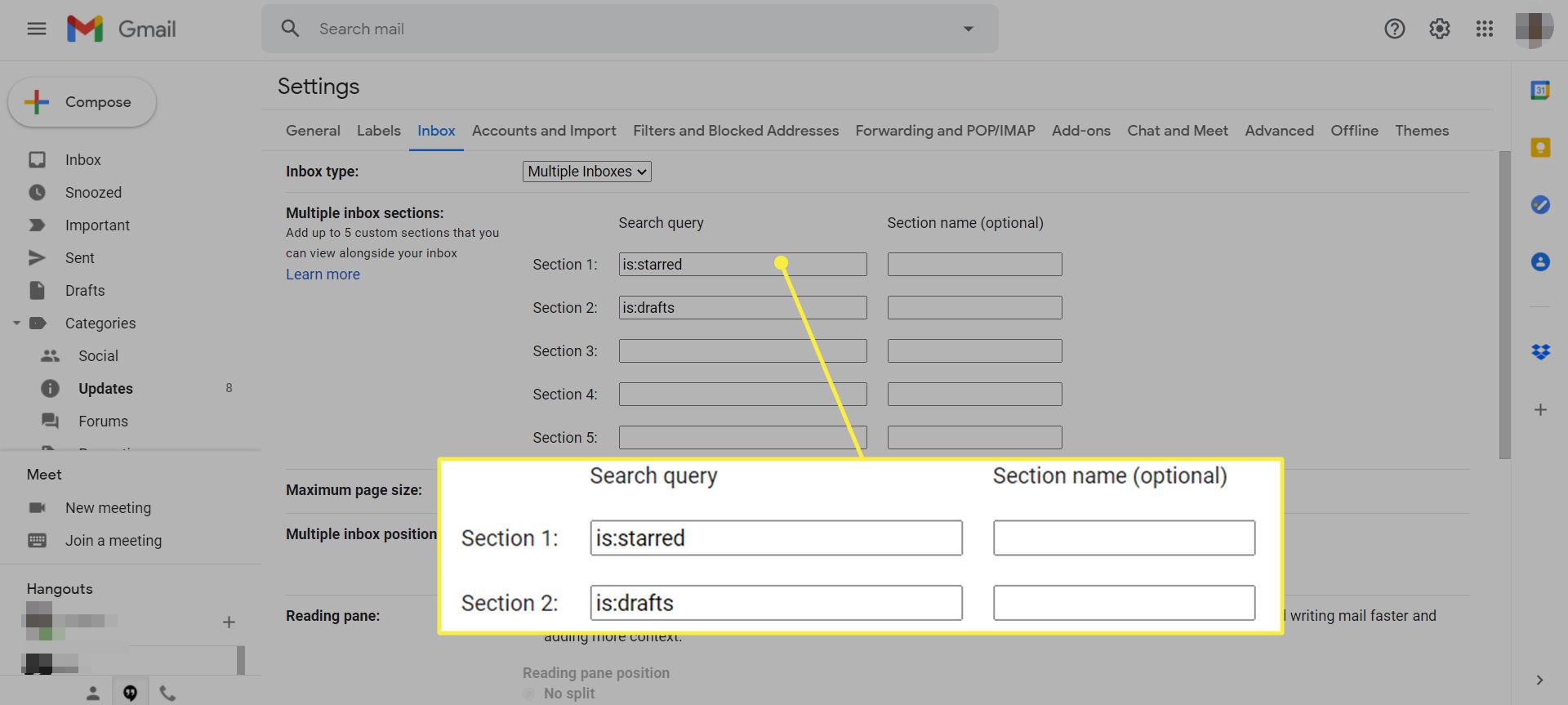 Instellingen voor Gmail-inbox met het gedeelte met meerdere inbox-secties gemarkeerd