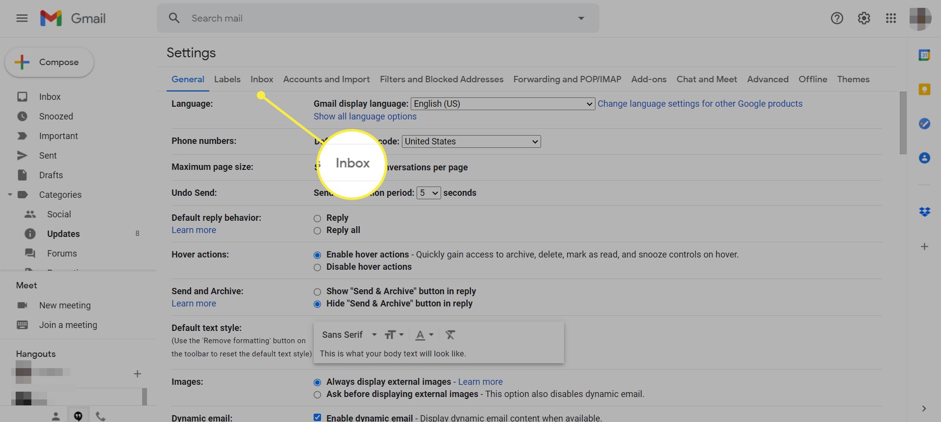 Gmail-instellingenpagina met het tabblad Inbox gemarkeerd