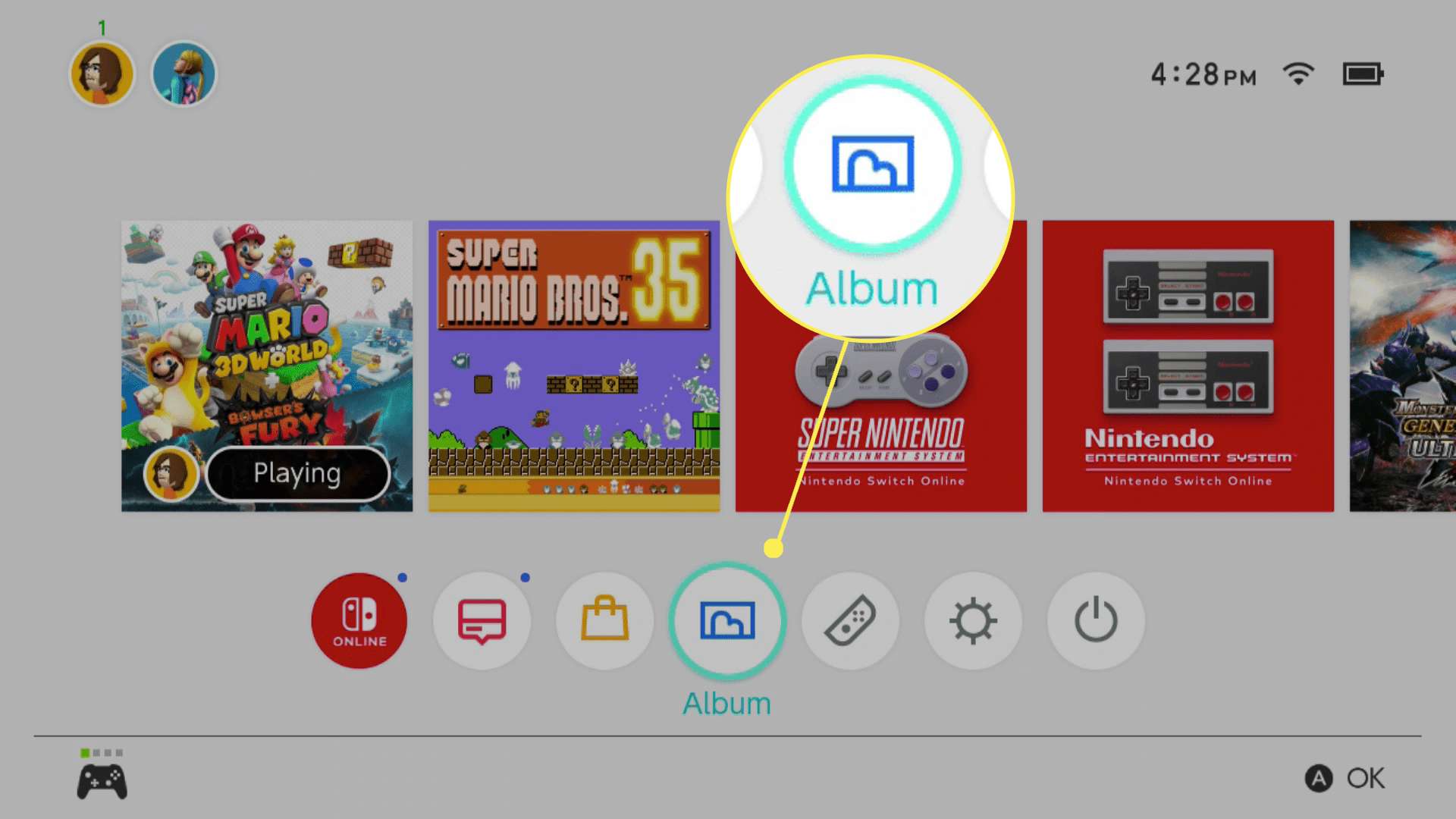 Het albumpictogram gemarkeerd op het Nintendo Switch-startscherm.