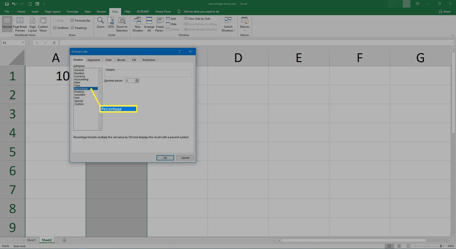 Het celformaat instellen op percentage in Excel