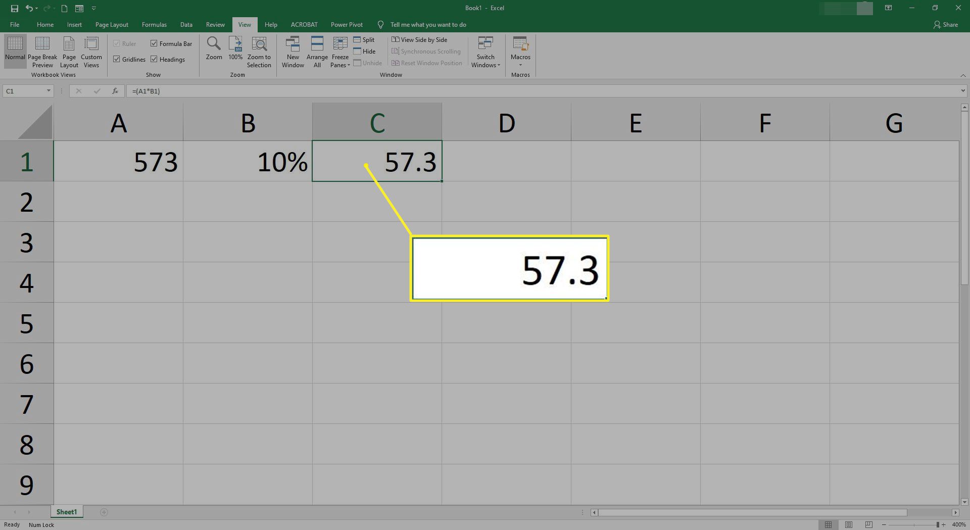 Een voltooide percentageformule in Excel.