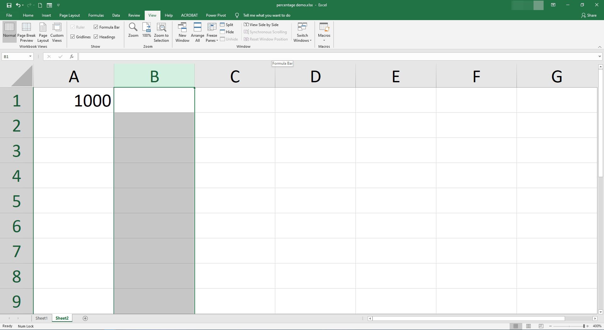 De B-kolom is gemarkeerd in Excel.