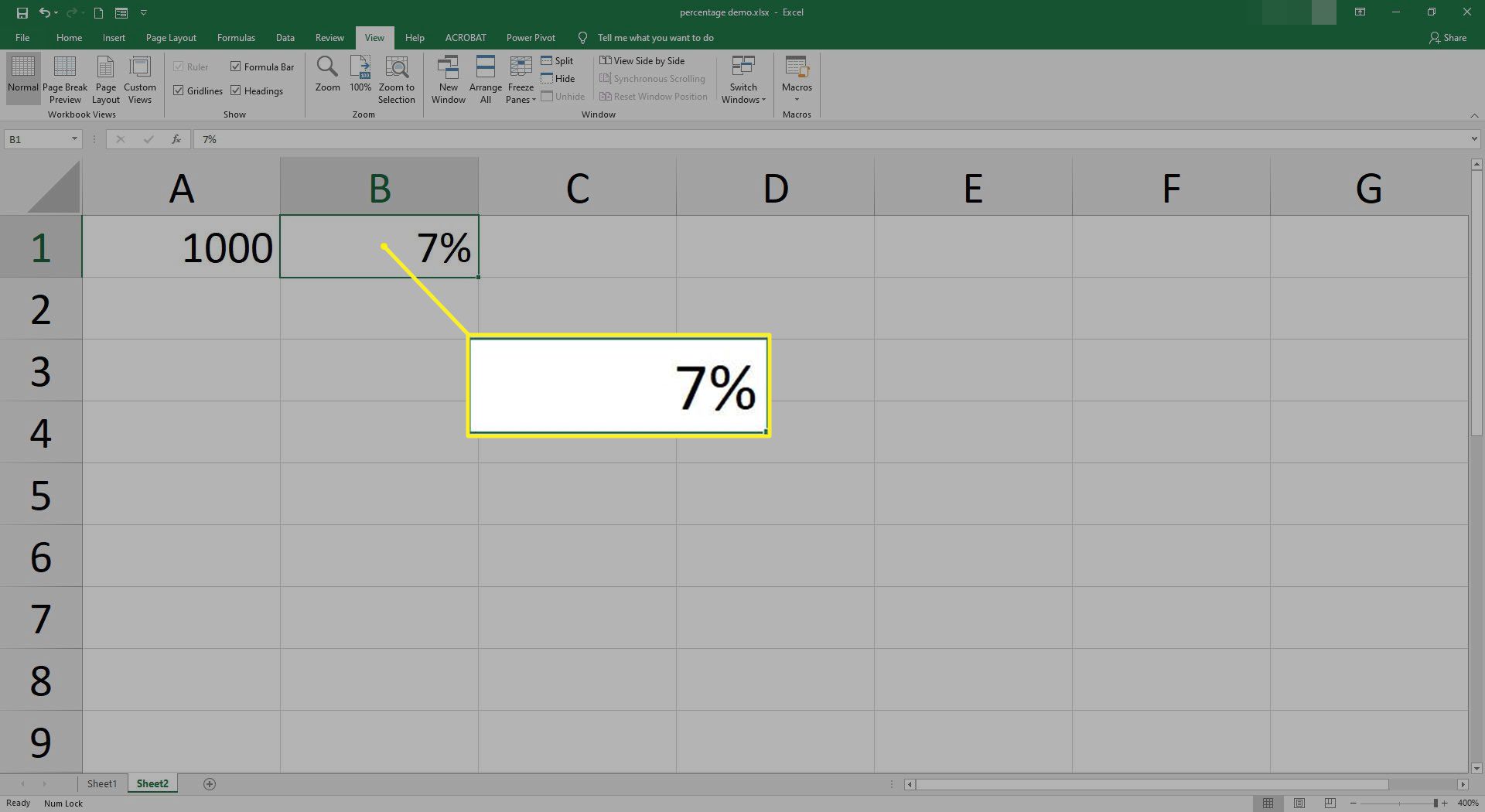 Het getal 7% staat in de B1-cel in Excel