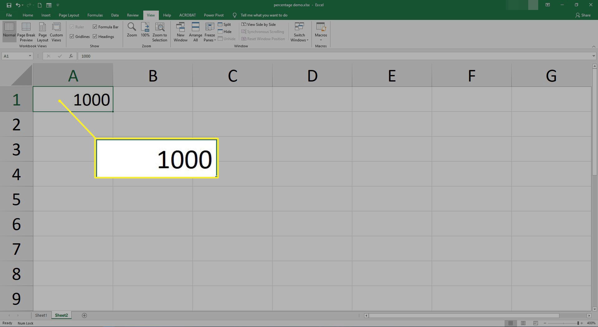 Het getal 1000 in cel A1 in Excel