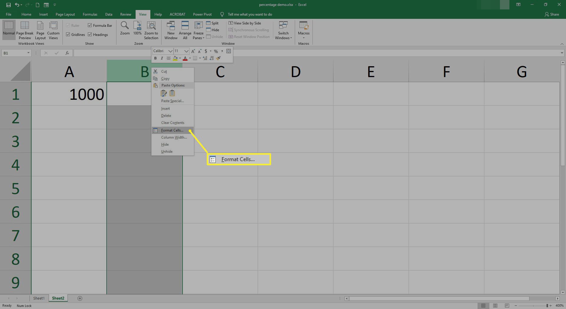 De optie cellen opmaken selecteren in Excel