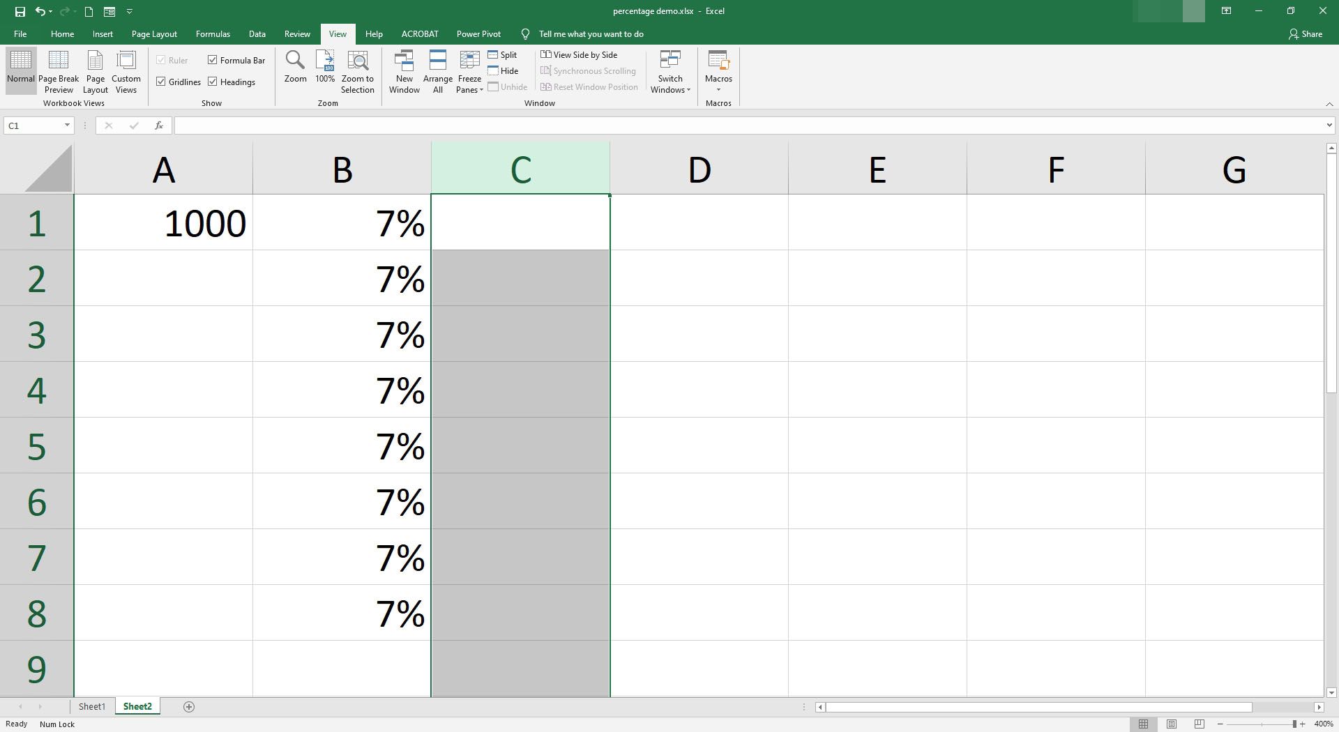 De C-kolom is geselecteerd in Excel.