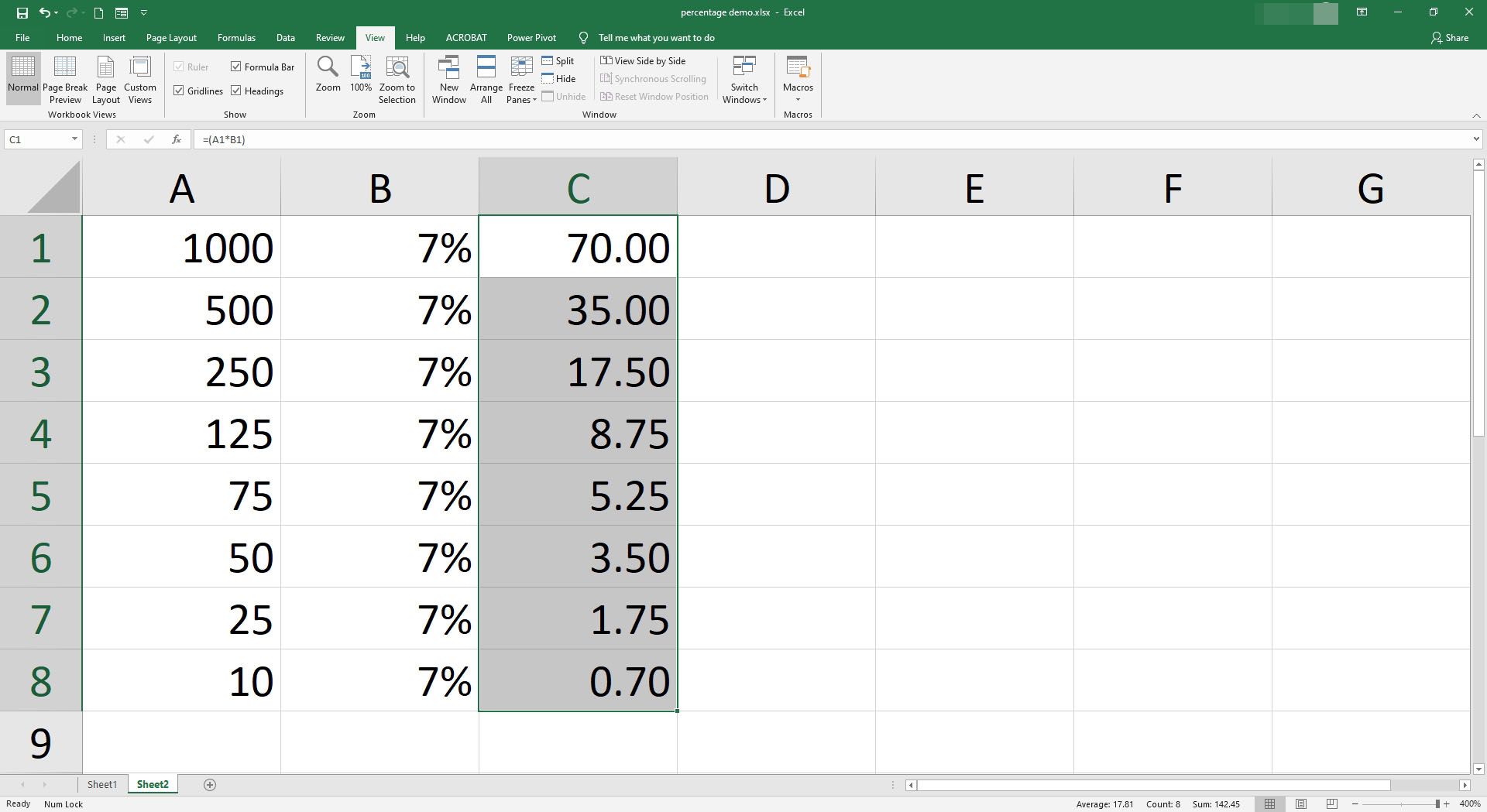 De percentageformule is op verschillende cellen toegepast.