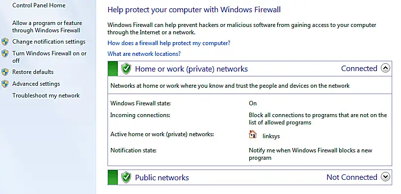 Schermafbeelding van Windows-firewallinstellingen