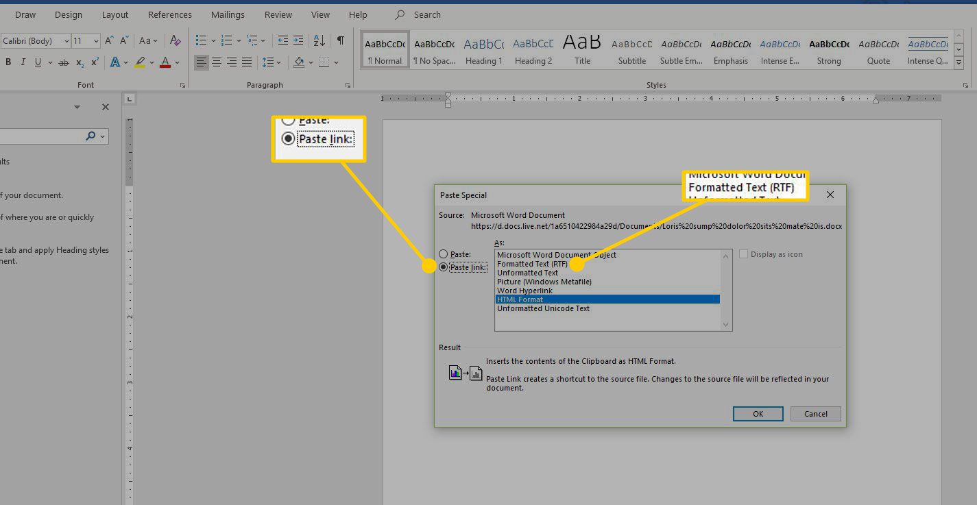 Plakken speciaal menu in Word met de optie Koppeling plakken en Opgemaakte tekst gemarkeerd