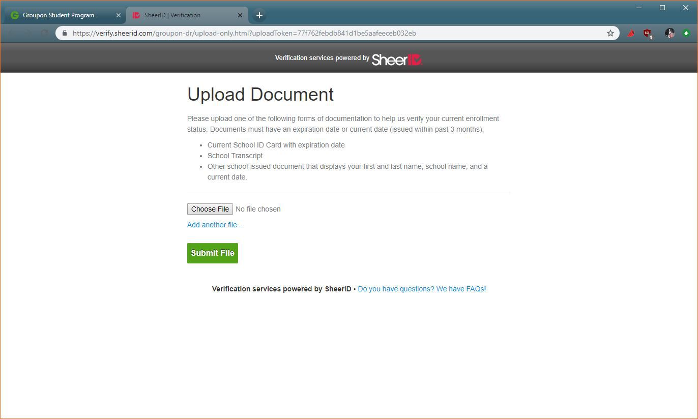 Een screenshot van de SheerID document upload pagina.