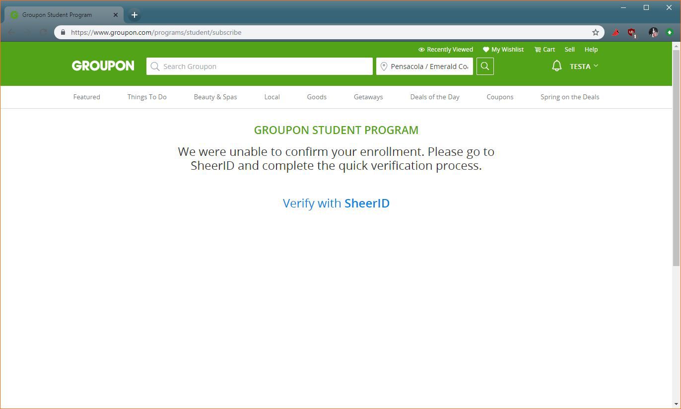 Een screenshot van het Groupon-verificatieproces voor studentenkorting.