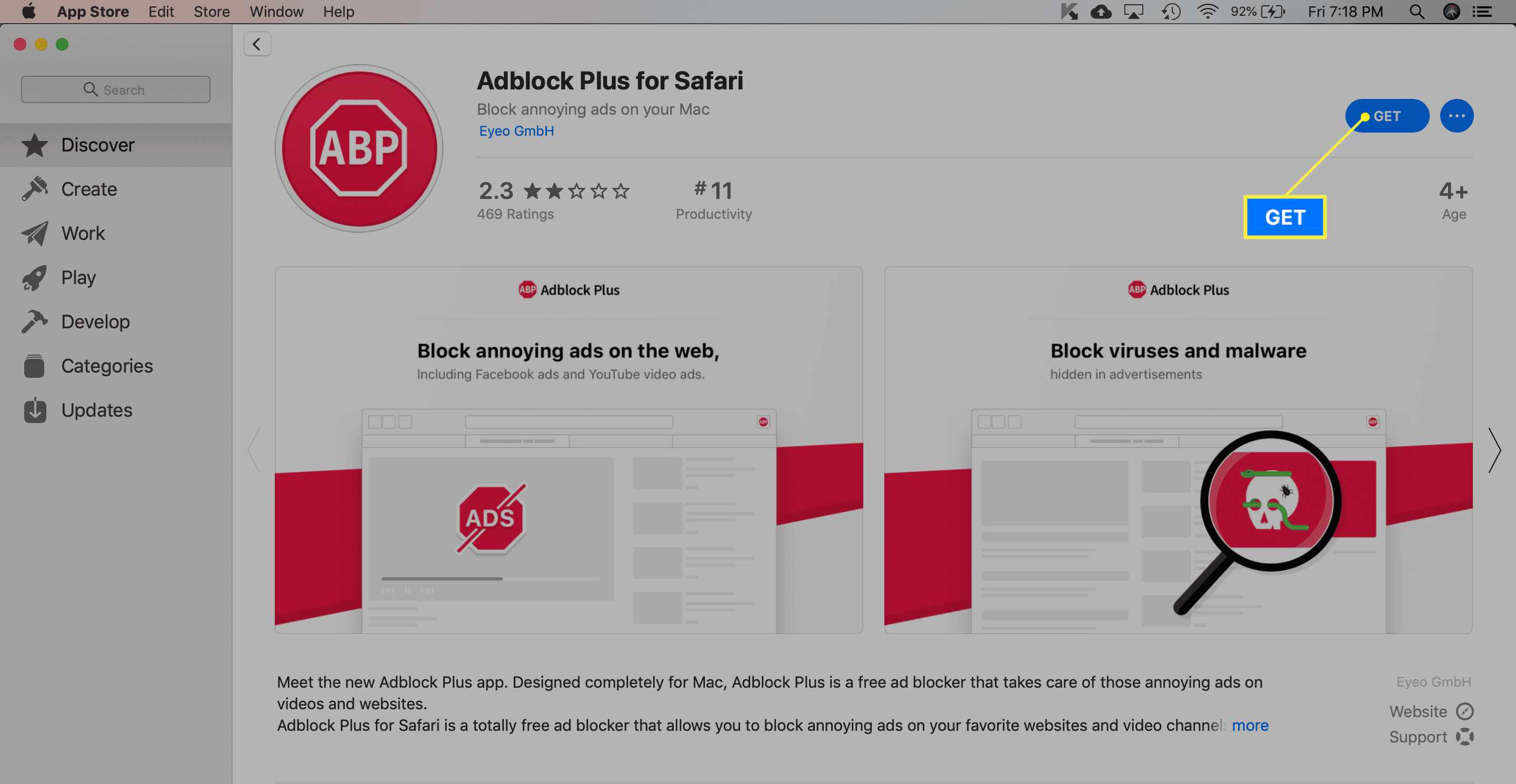 Adblock Plus-extensie in Mac App Store met Get gemarkeerd