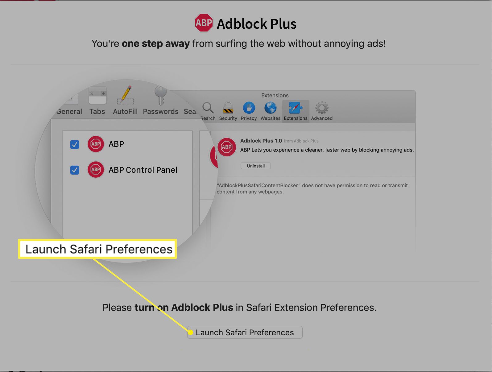 Adblock Plus-extensie met Launch Safari-voorkeuren gemarkeerd