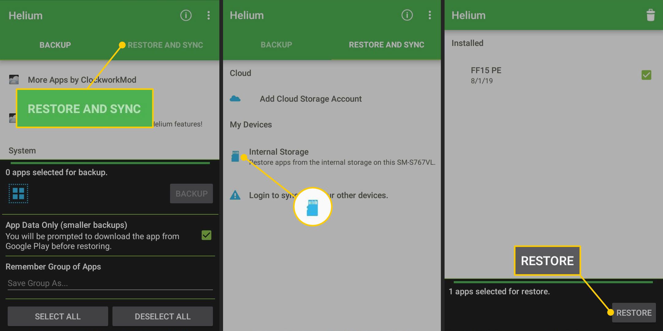 App-opslag herstellen met Helium