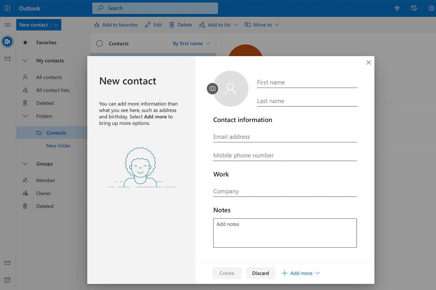 Nieuw scherm Contact in de app Personen in Outlook.com