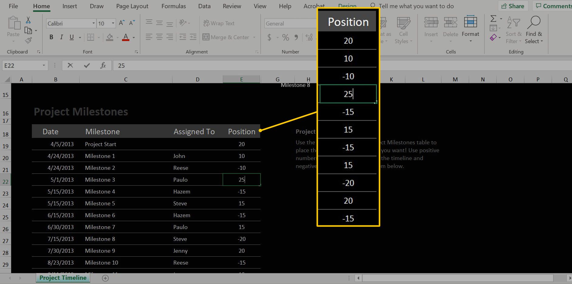 Positiekolom in Project Milestones Excel-project