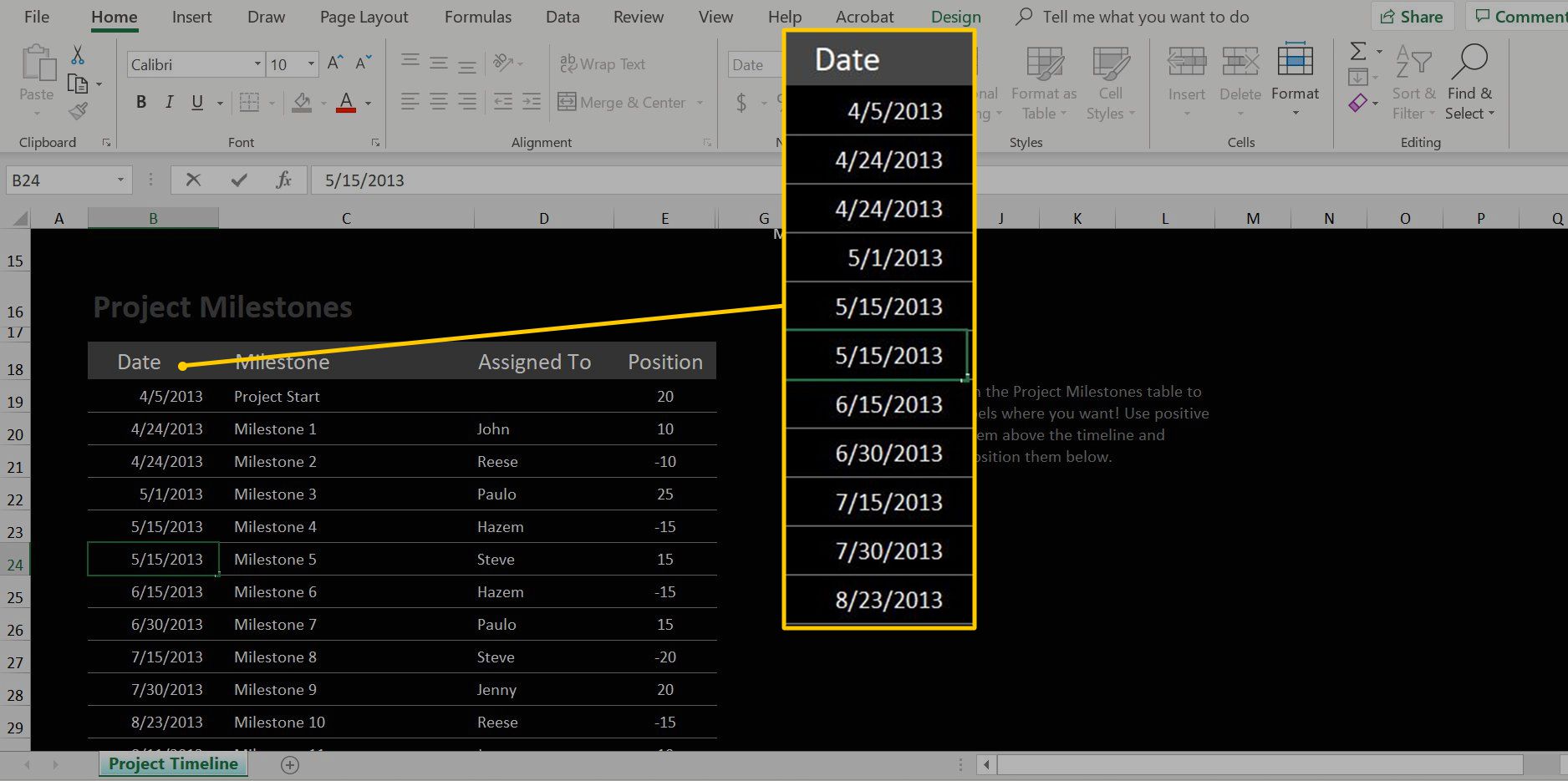 Datumkolom in Excel-bestand "Project Milestones"