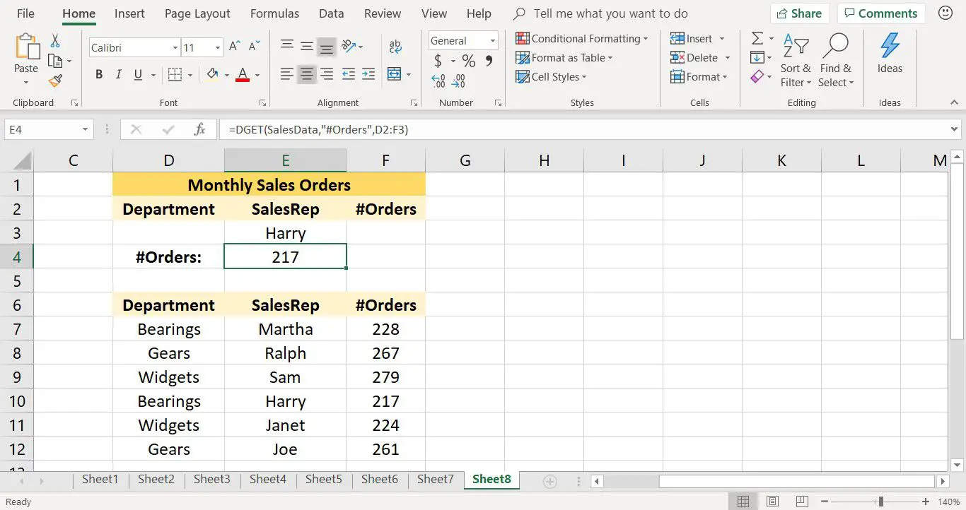 Een screenshot met het resultaat van de DGET-functie in Excel