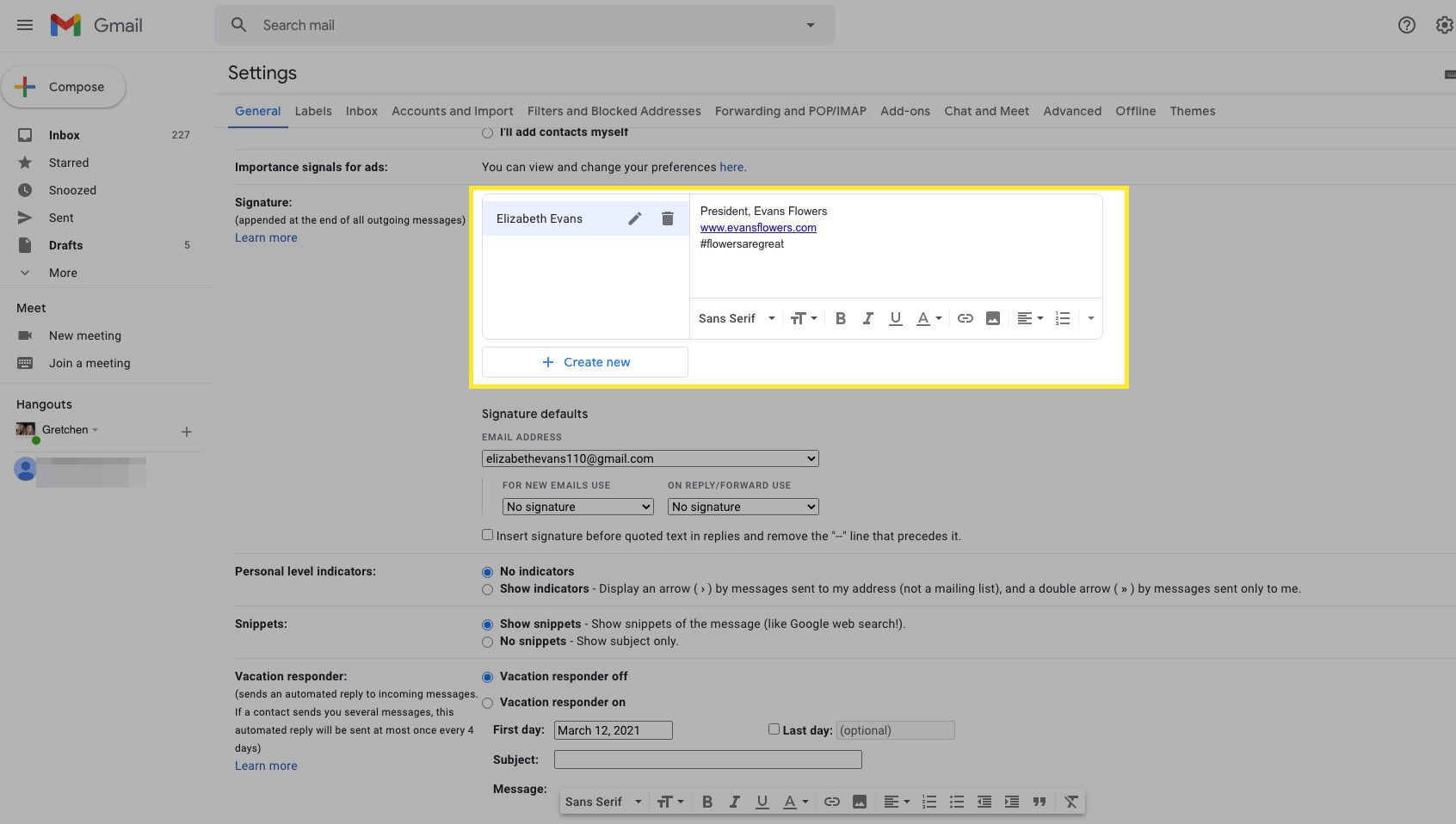 Gmail-handtekeningvak gemarkeerd