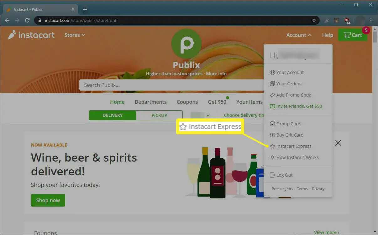 Instacart Express in menu