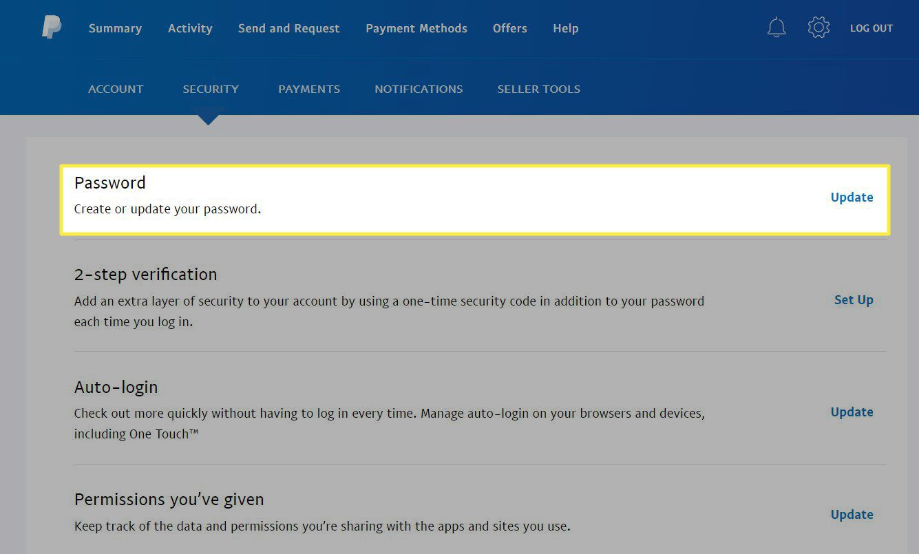 De wachtwoordoptie in een PayPal-account.