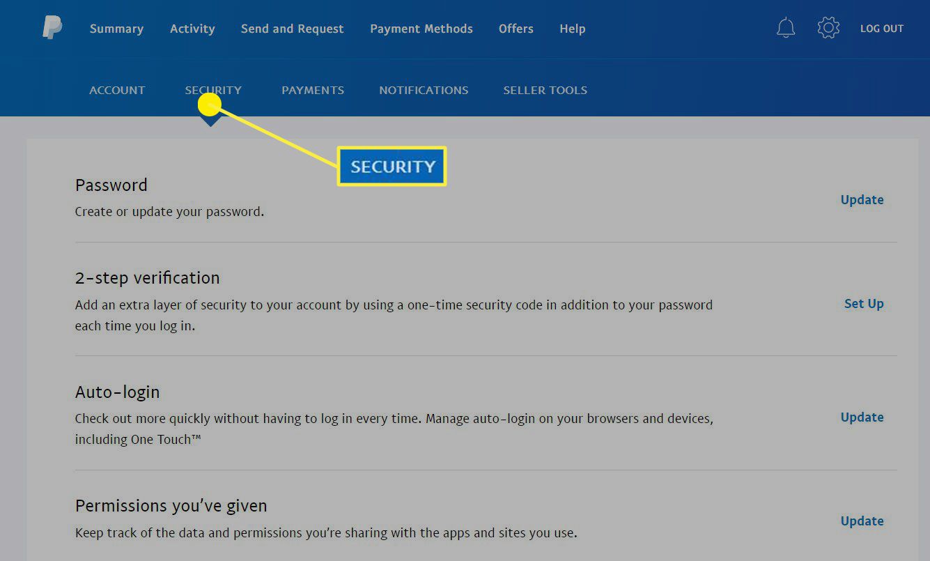 Het tabblad Beveiliging in een PayPal-rekening.
