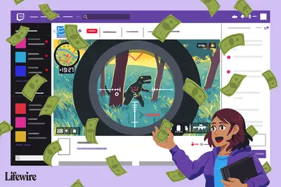 Illustratie van een persoon die een gameconsole vasthoudt voor een enorm Twitch-scherm met geld dat door de lucht zweeft
